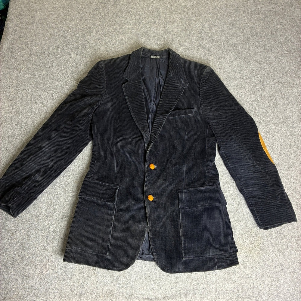 Vintage Jaguar 4/40 Mens 36R Corduroy Blazer Sport Coat Elbow Patches Navy Black